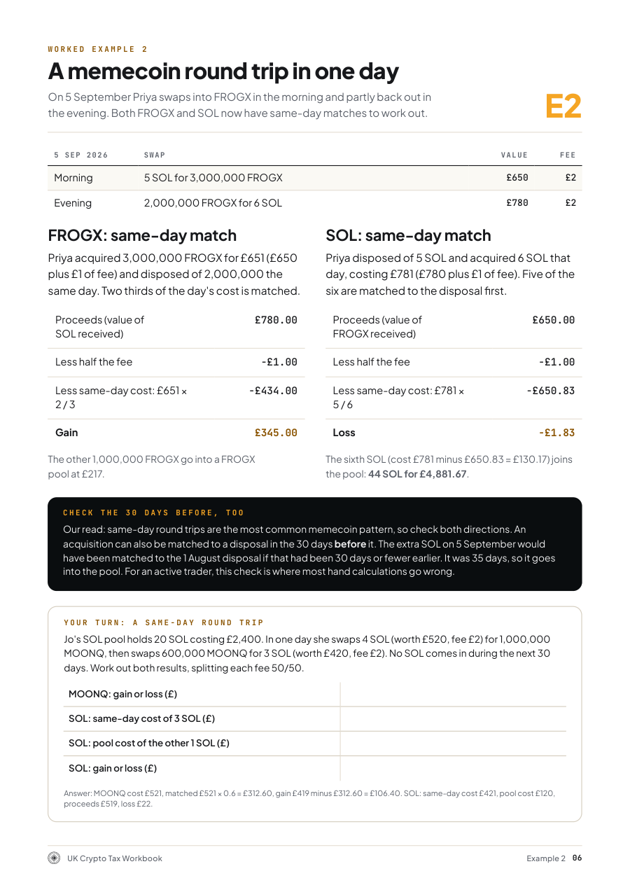 Sample page from UK Crypto Tax Workbook for Memecoin Traders