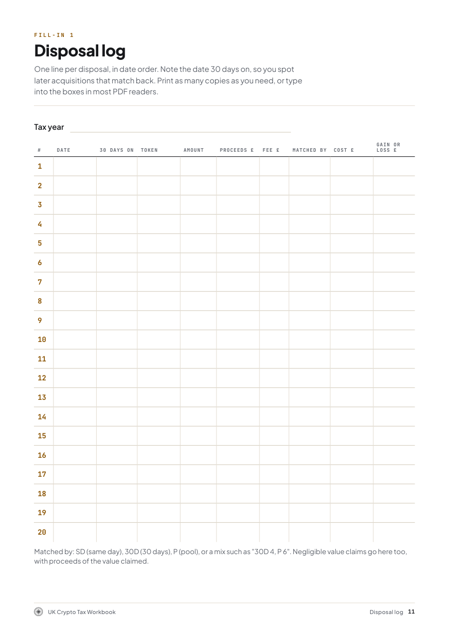 Sample page from UK Crypto Tax Workbook for Memecoin Traders